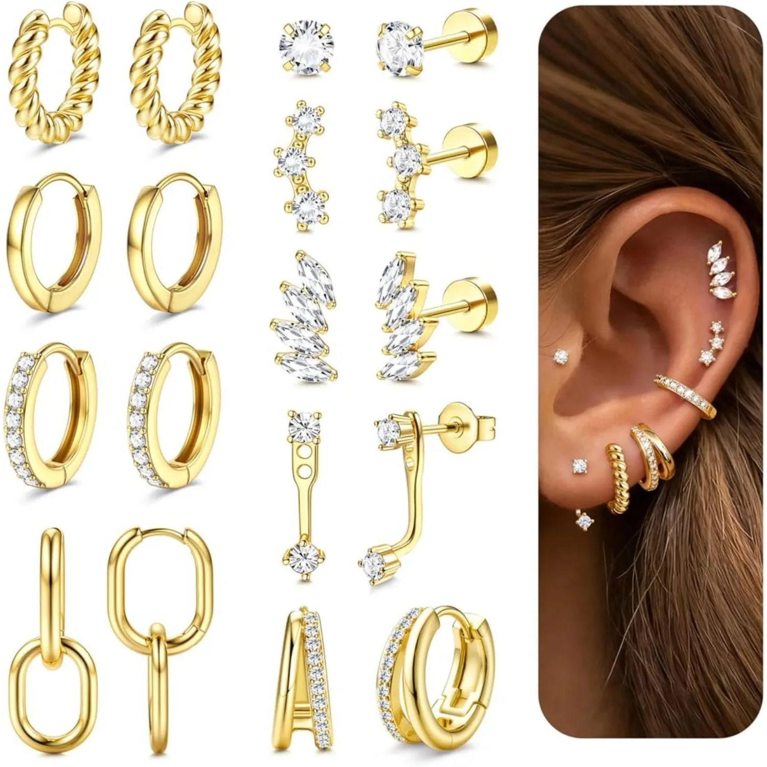 Pendientes Drperect Hipoalergénicos de Parte Trasera Plana para Mujer, Chapados en Oro de 14K, Aros de Cartílago de Acero Quirúrgico, Set de Joyas para Piercing