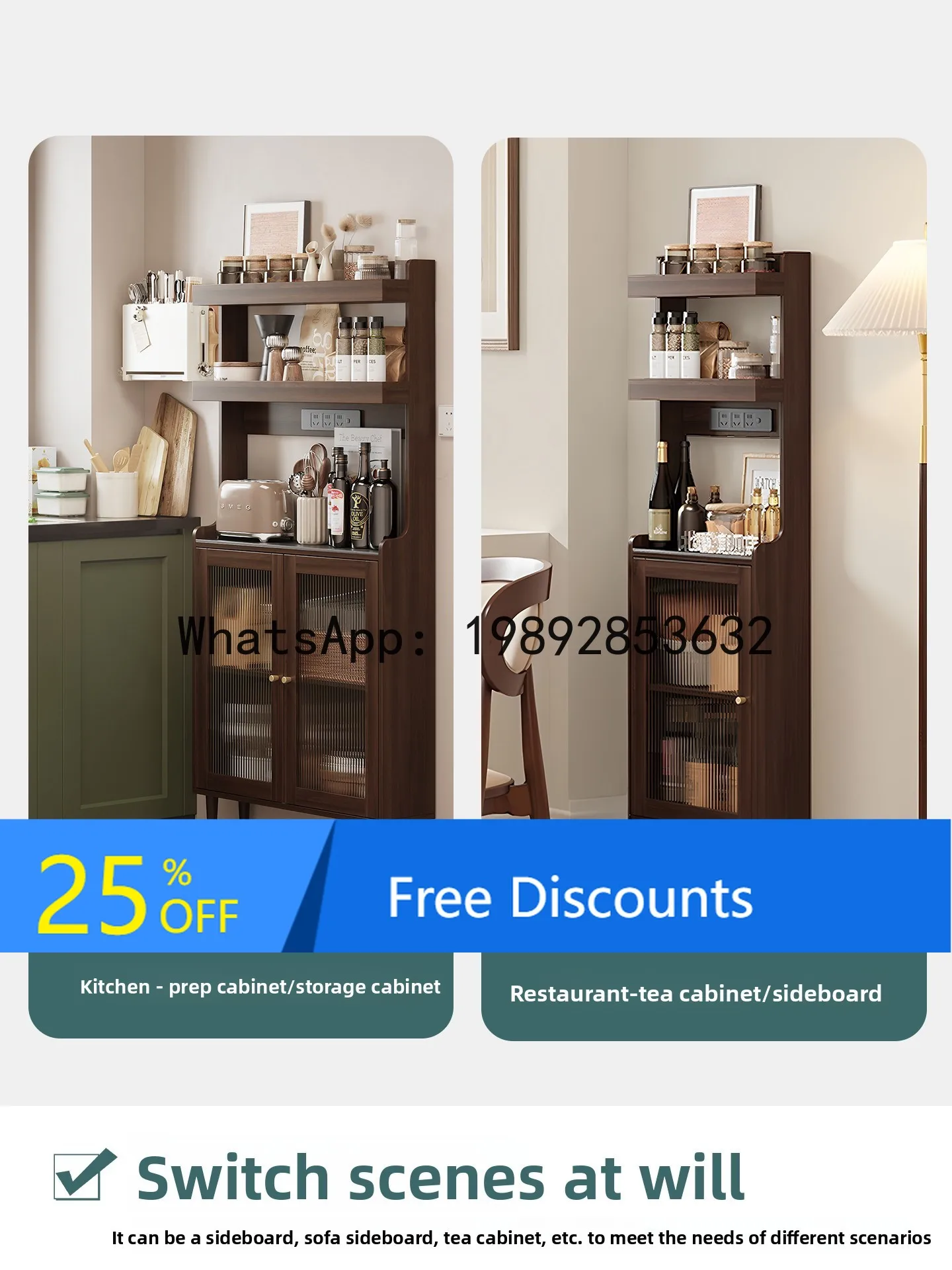 

ZZ Sideboard Storage Rack Wall-Mounted Integrated Tea Water Kitchen Multi-Functional Small Size Narrow Side Storage Cabinet