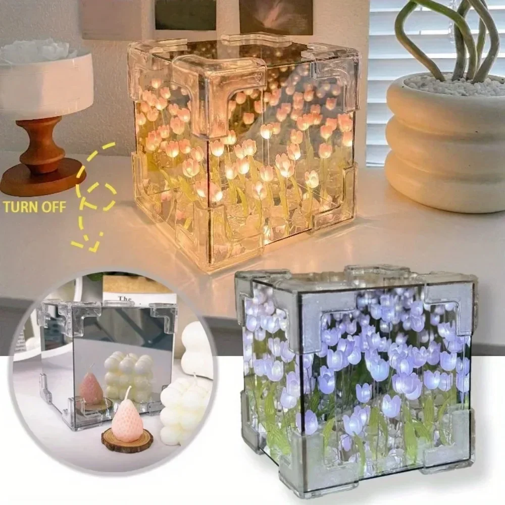 2025 DIY Tulip Sea Cube Mirror Night Light Car Decoration Materials Handmade Birthday Gifts for Friends and Colleagues