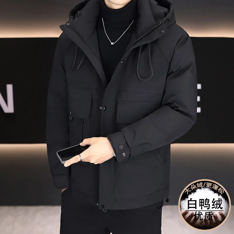 Men's down jacket, solid color hooded white duck down workwear warm jacket, fashionable windbreaker