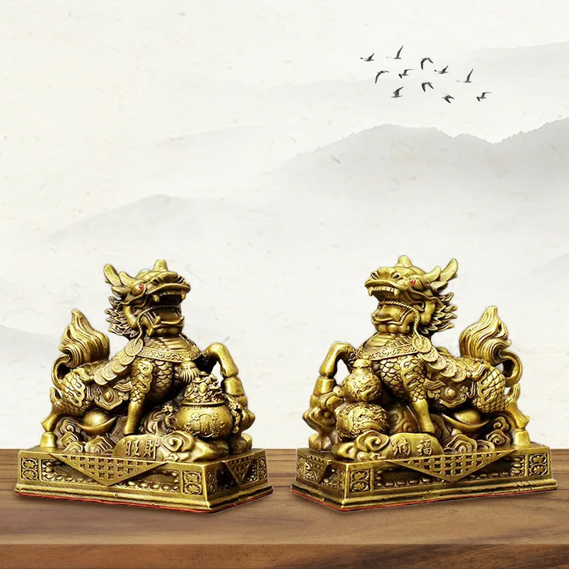 A Pair Of Pure Brass Qilin Figurines, Symbolizing Wealth And Good Fortune, Suitable For Home, Shop, Living Room, Or Office