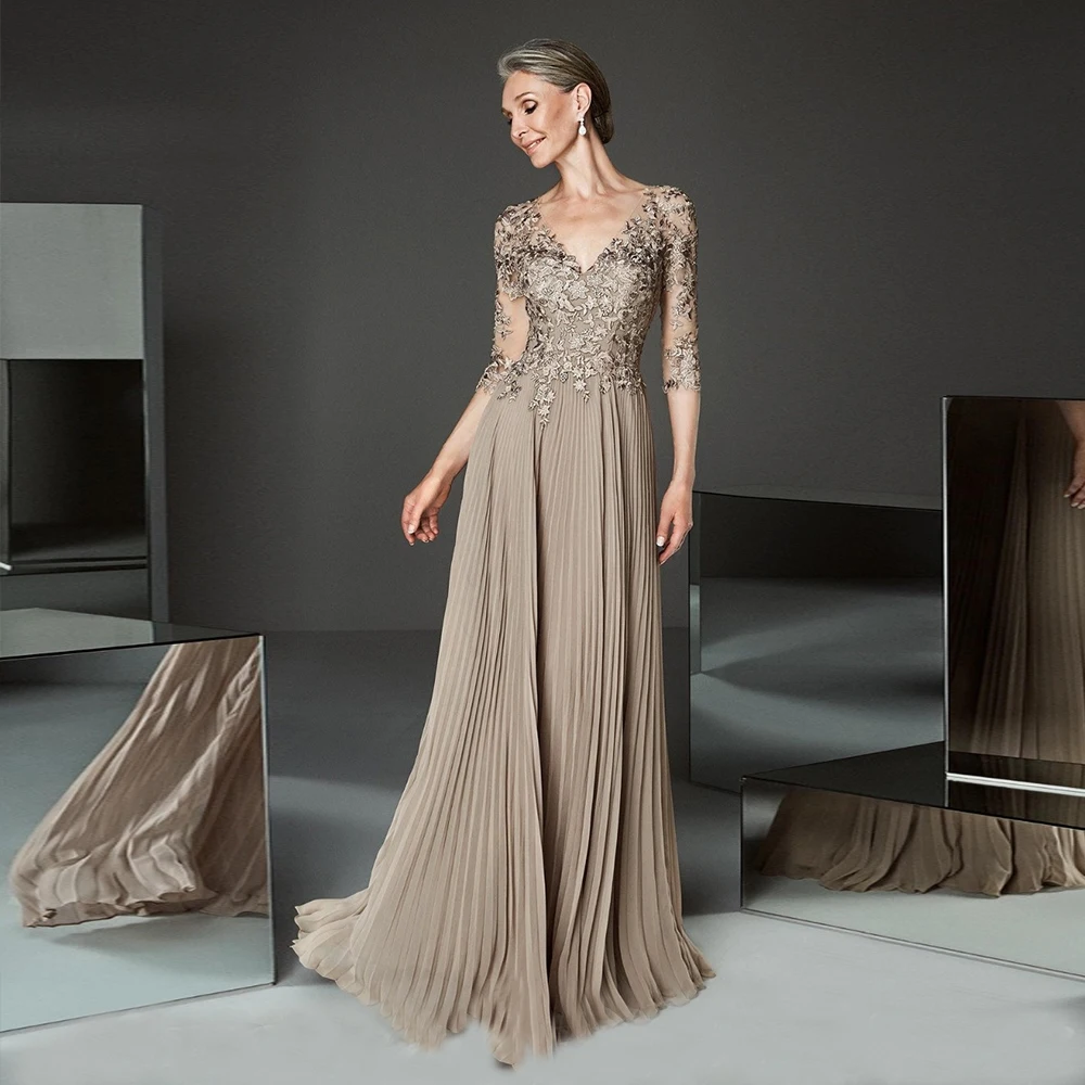 Elegante Champagne Chiffon Moeder Van De Bruid Jurken V-hals 3/4 Mouwen Floor-Length Wedding Party Dress Appliquesفستان سهر