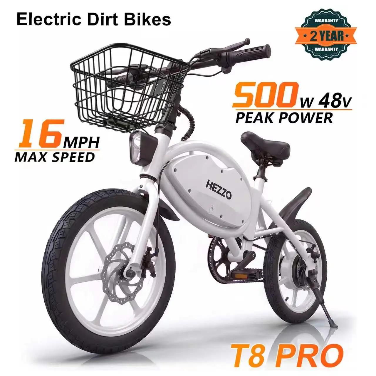 HEZZO T8pro Compact Foldable Commuter E-Bicycle, 48V 500W Max 750W Brushless Hub Motor 16 Inch Carbon Steel Frame, 10.4Ah Removable Lithium Battery, Dual Disc Brakes LED Headlight City Hybrid Bike Equipped with Storage Basket