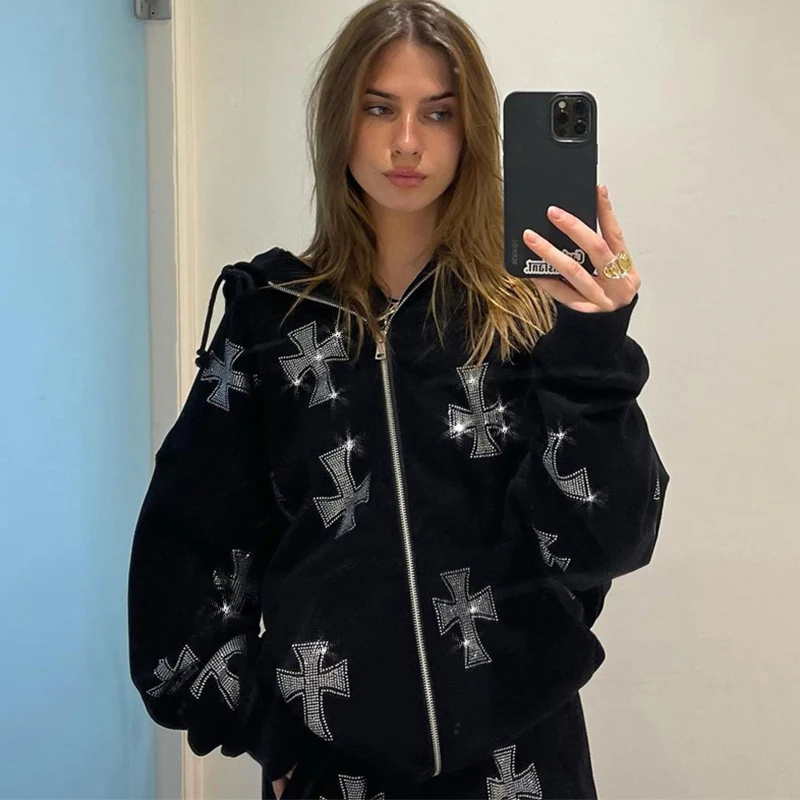 Y2K Gothic Rhinestone Print Oversize Zip Up Hoodies 2023 Winter Grunge Long Sleeve Sweatshirt Casual Hooded Jacket Streetwear