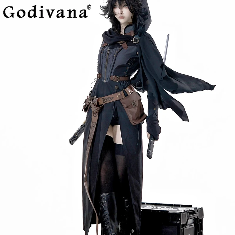 

Original Sleeveless Slit Dress Suit Women Retro Lolita Style Halloween Gothic Cos Sets Ladies Y2K Subculture Shawl Shorts Set