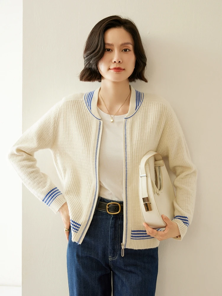 

Women Cashmere Cardigans Zippers Sweater Thick Knit Autumn Winter 100% Cashmere Knitwear Chic Warm Pockets Raglan Sleeve Clothes