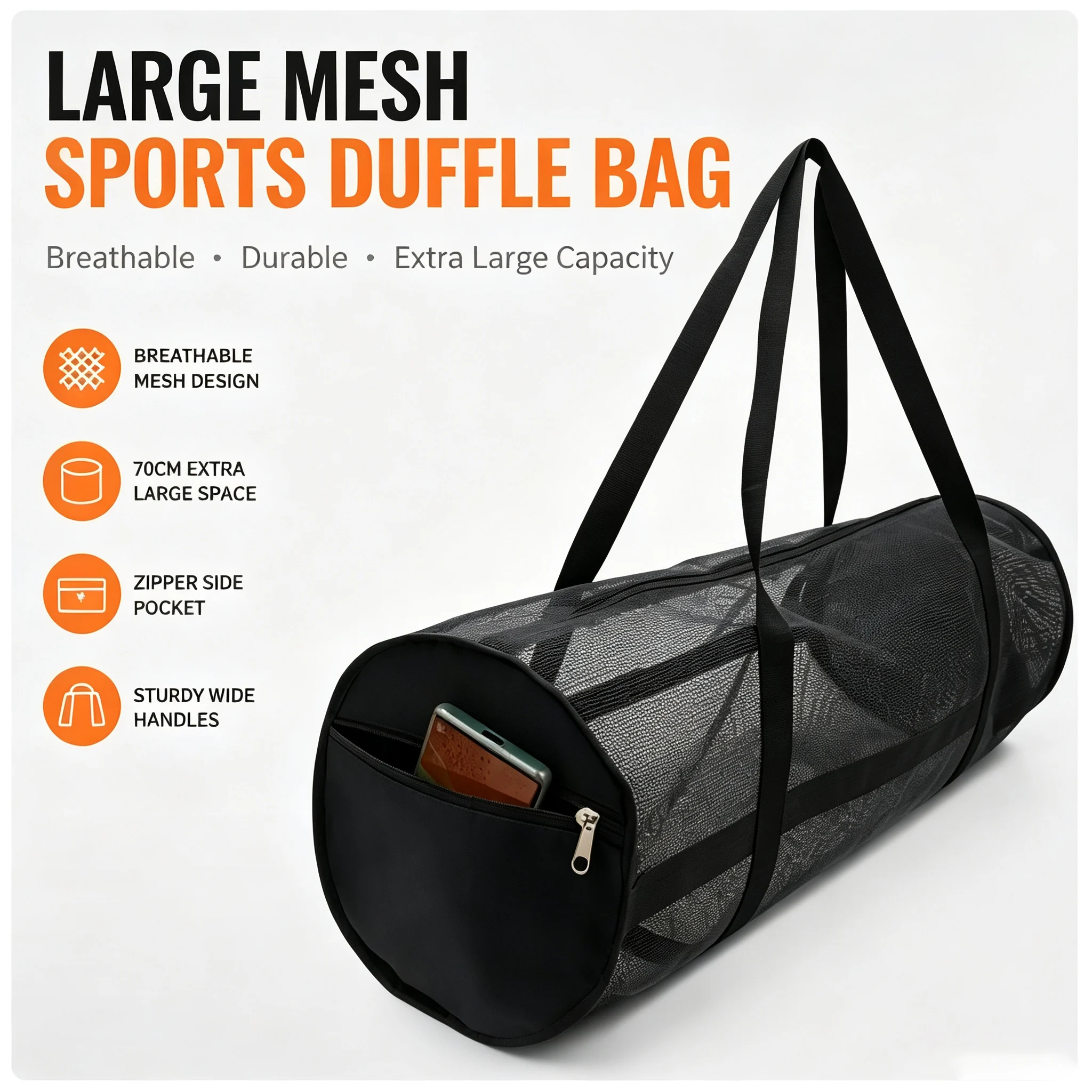 Grand sac de sport en maille respirante pour le basketball et le volleyball, sac de gym avec poche latérale zippée, sac de transport pour l'entraînement en extérieur