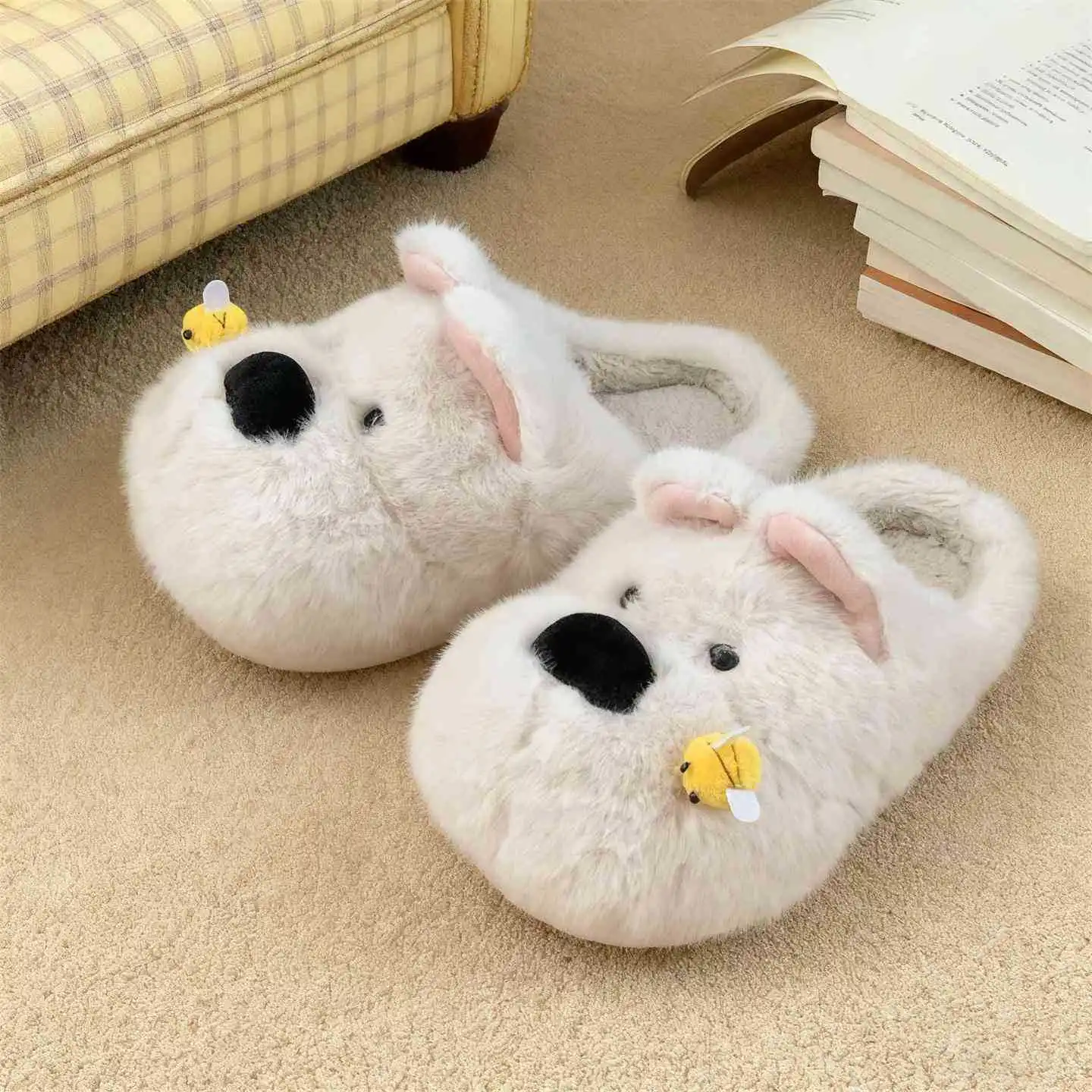 

Fluffy Dog Women's Slippers Home Winter Plush Luxury Designer Woman Shoes Flats Cartoon Indoor Casual Fuzzy Fur Slides Elegant