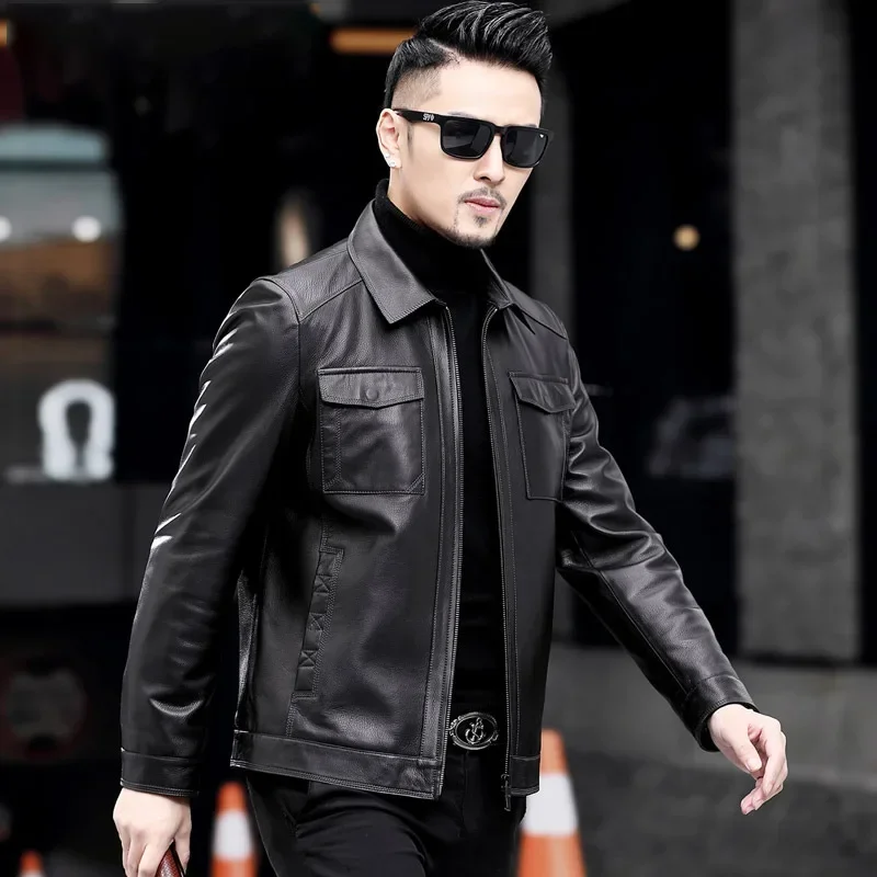 2023 Autumn New Genuine Leather Sheepskin Coats Men's Leather Jacket Motorcycle Short Casual Leather Clothes Veste Homme FCY4723