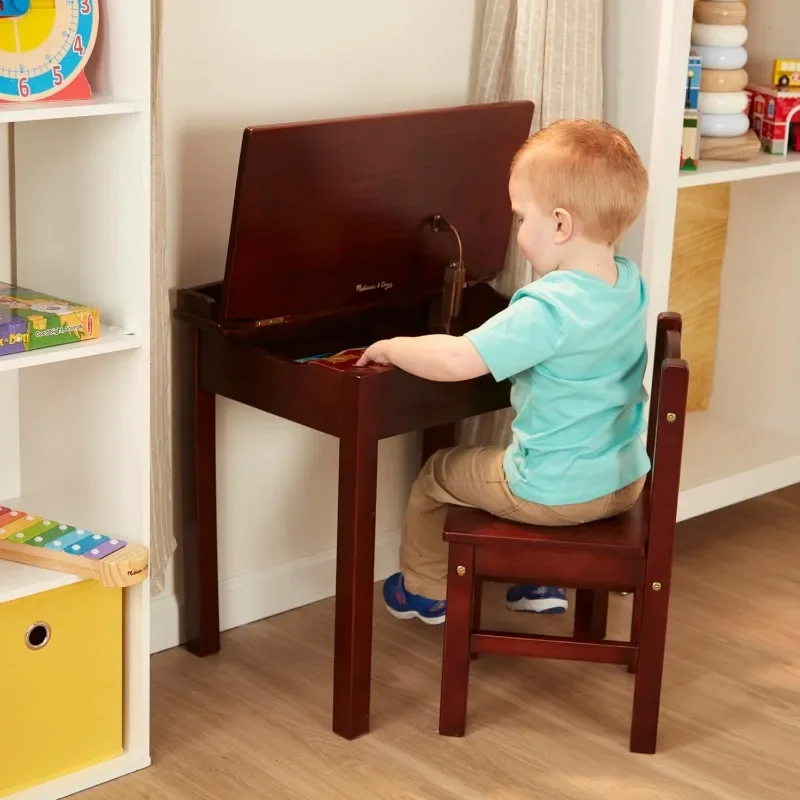 Escritorio y silla con elevador de madera Espresso, muebles para niños, juego de escritorio y silla para niños pequeños, escritorio de actividades para niños pequeños