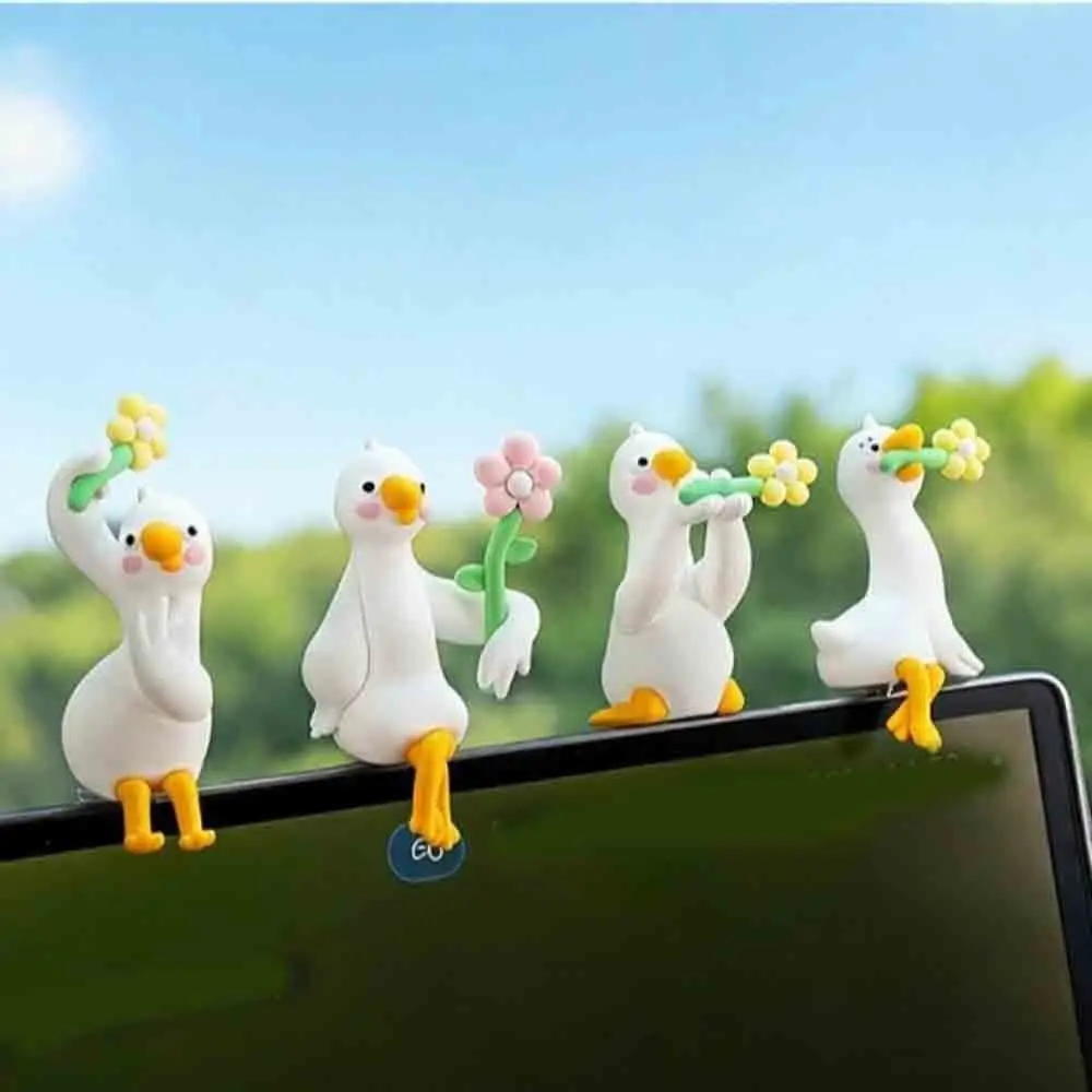 Mini Duck Ornament for Computer Monitor Car Center Console Desk Cute Cartoon Animal Figurine Stress Relief Office Desktop Decor