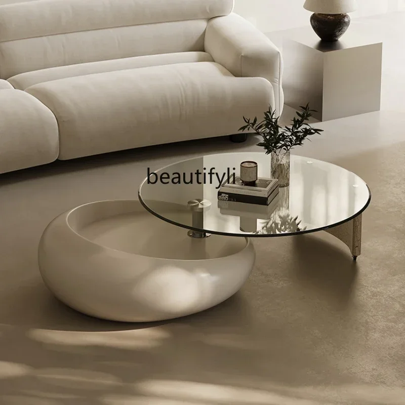 

Italian Tea Table Living Room Home Creative round Rotatable Glass Tea Table