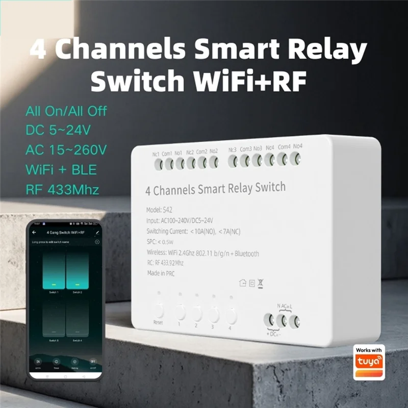 FFYY-Tuya Wifi Modulo interruttore a 4 canali 5-24V/100-240V Relè Wifi + RF433 Modulo telecomando fai da te