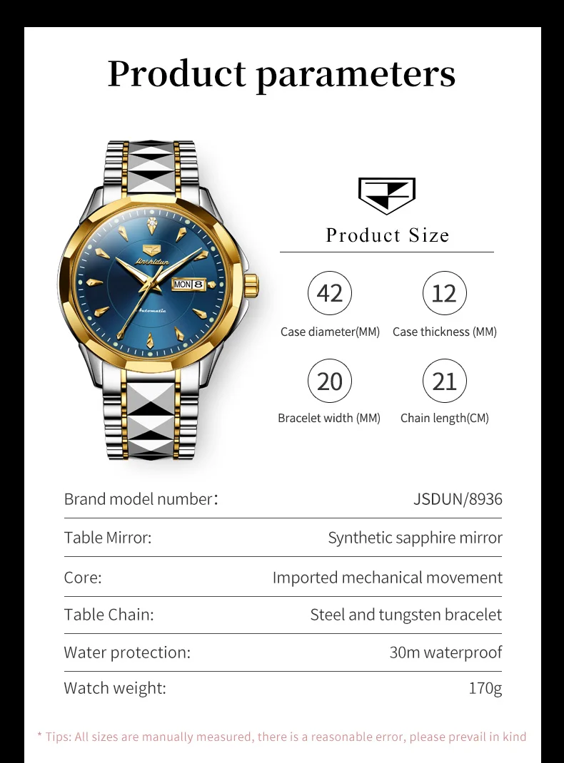 JSDUN 8936 Sapphire Mirror Mechanical Watch For Men Dual Calendar Luxury Business Hand Clock Waterproof Stainelss Steel Watches