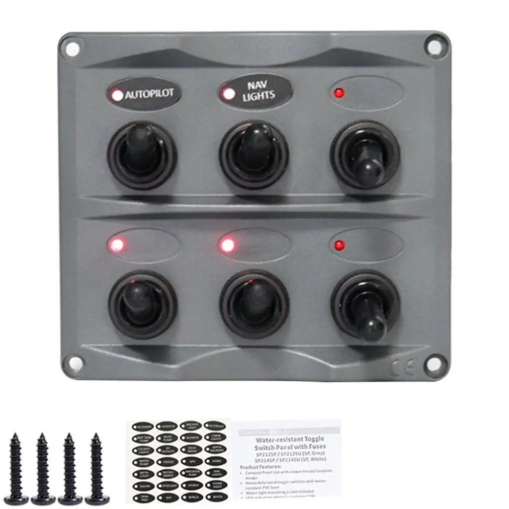 6 Gang Rocker Switch Panel with LED on Status Compact Cutout for Control Module Boat Lights Distribution