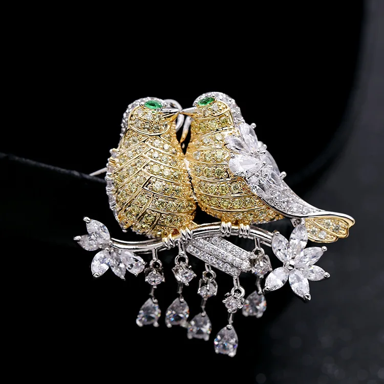 

Light luxury color zircon high-end suit accessories pin couple love bird brooch