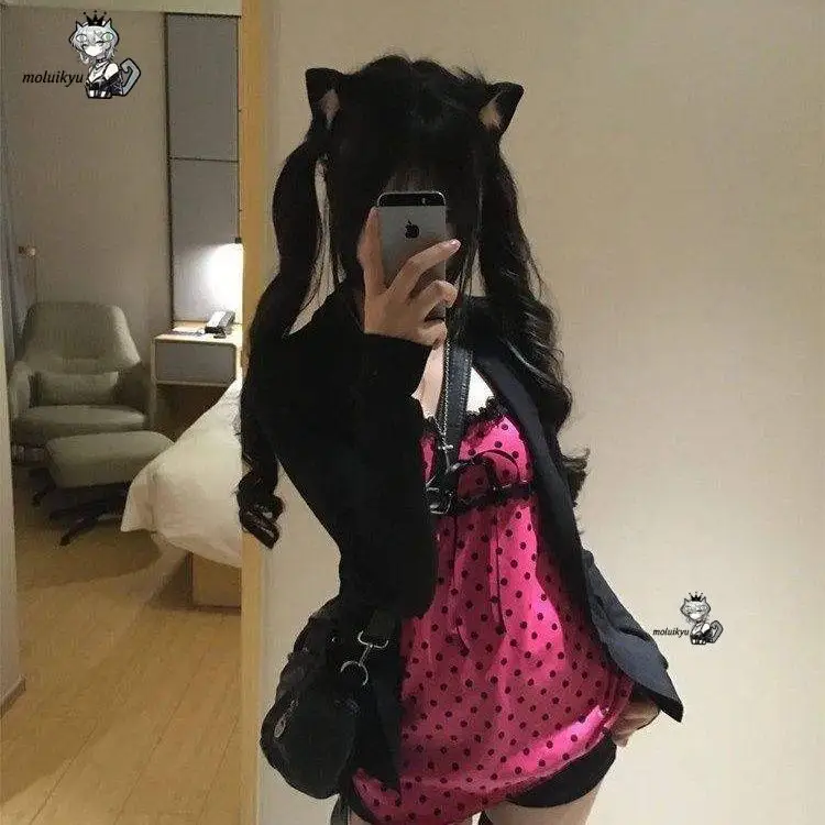 

Y2K Sweet Cool 2-Piece Outfit Set Women's Lace Trim Cami + Cropped Cardigan Polka Dot Print Harajuku Streetwear Kawaii Grunge