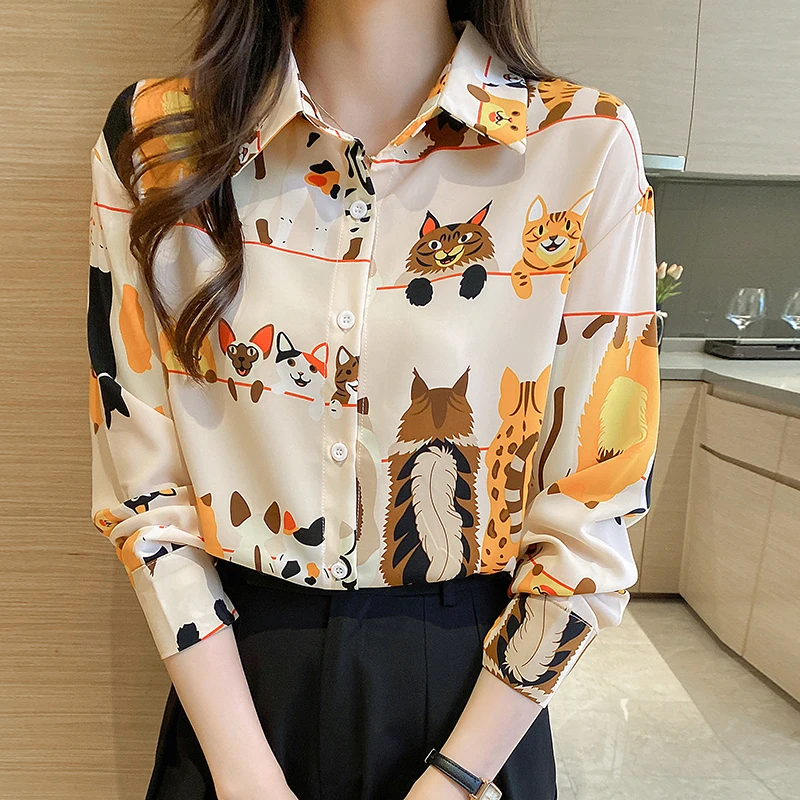 #3104 Chiffon Shirts Long Sleeve Cartoon Printed France Style Office Shirts Blouse Female Loose Vintage Womens Tops And Blouses