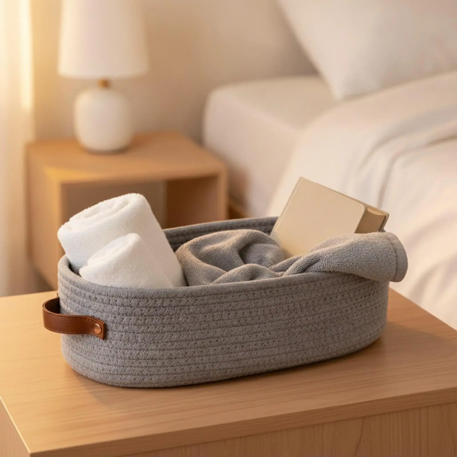Braided Woven Storage Basket with Leather Handles for Shelf Organization and Laundry Sorting