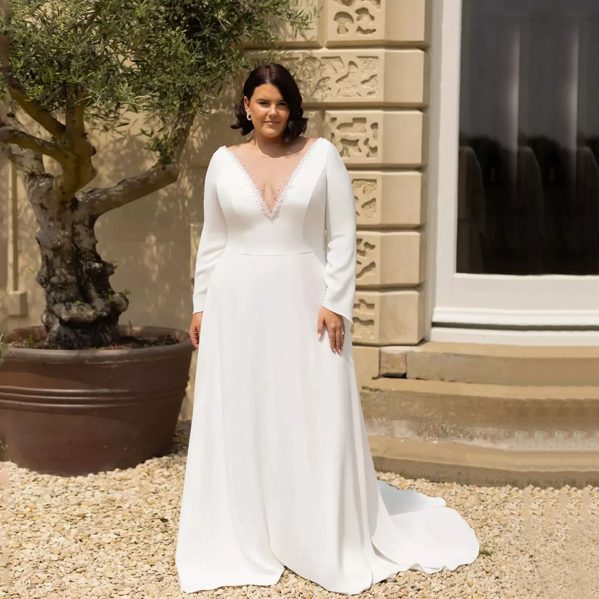 

MCDV Pearls Satin Wedding Dresses Plus Size Women Beaded Bride Gown Backless Full Sleeve Scoop Neck vestidos de novia Customized