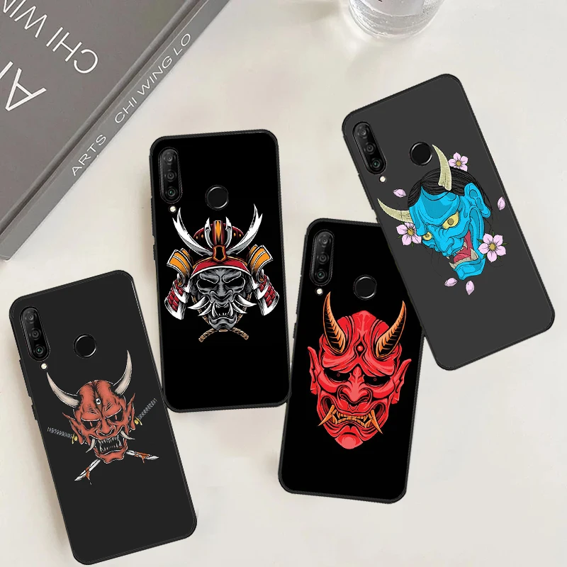 Japanese Samurai Oni Mask Case For Huawei P30 P20 P40 Lite Nova 11 Pro 3i 8i 11i 9 10 SE 5T Y60 Y61 Y70 Y90 Y91 Cover