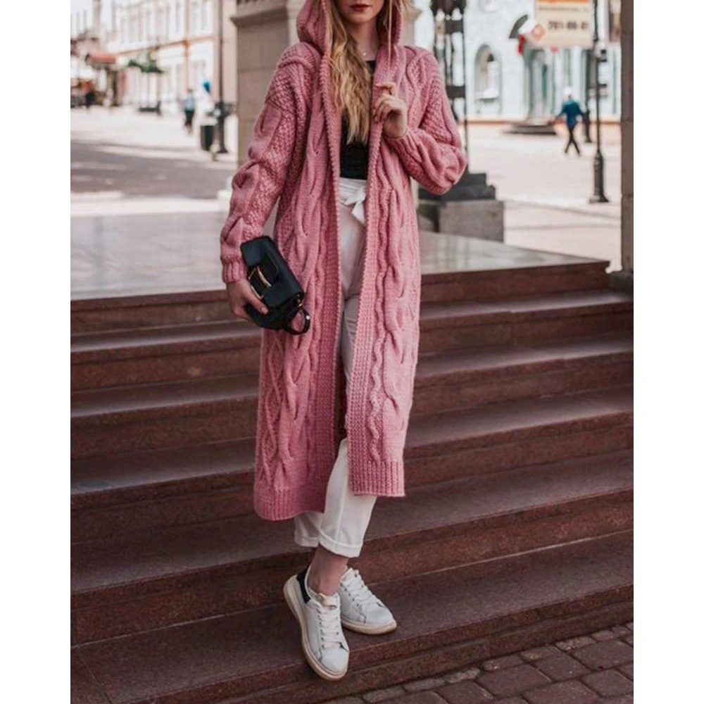 Autumn Women Solid Twist Rope Open Stitch Sweater Hoodie Knitted Coat Fashion Femme Longline Casual Loose Long Cardigan Coat