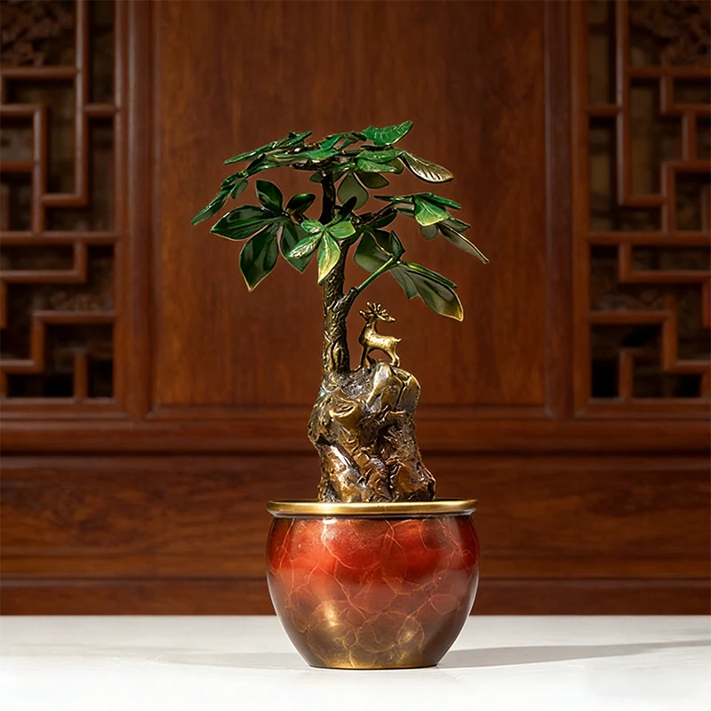 Brass fortune tree ornament, artificial fortune tree potted plant, Chinese craft ornament, common in tea room
