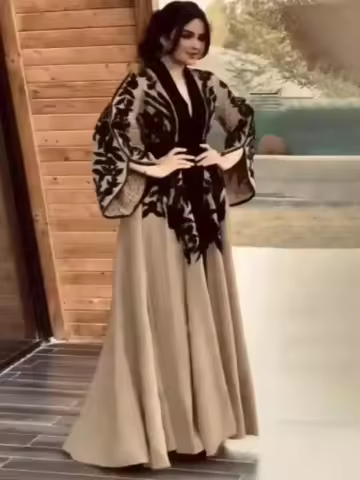 Appliques Muslim Ramadan Robe Dress Spring V-Neck Flared Sleeves Elegant Evening Maxi Dresses Tied Waist A-Line LongSleeve Dress