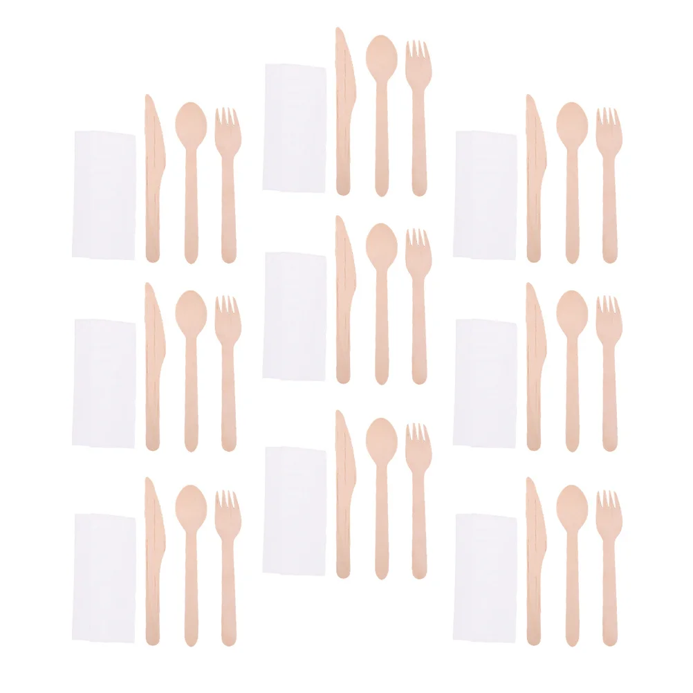 

50 комплектов одноразовой посуды, набор деревянных вилок, ложек, ножей, бумажных салфеток, идеально подходящих для любого случая дома или вечеринки