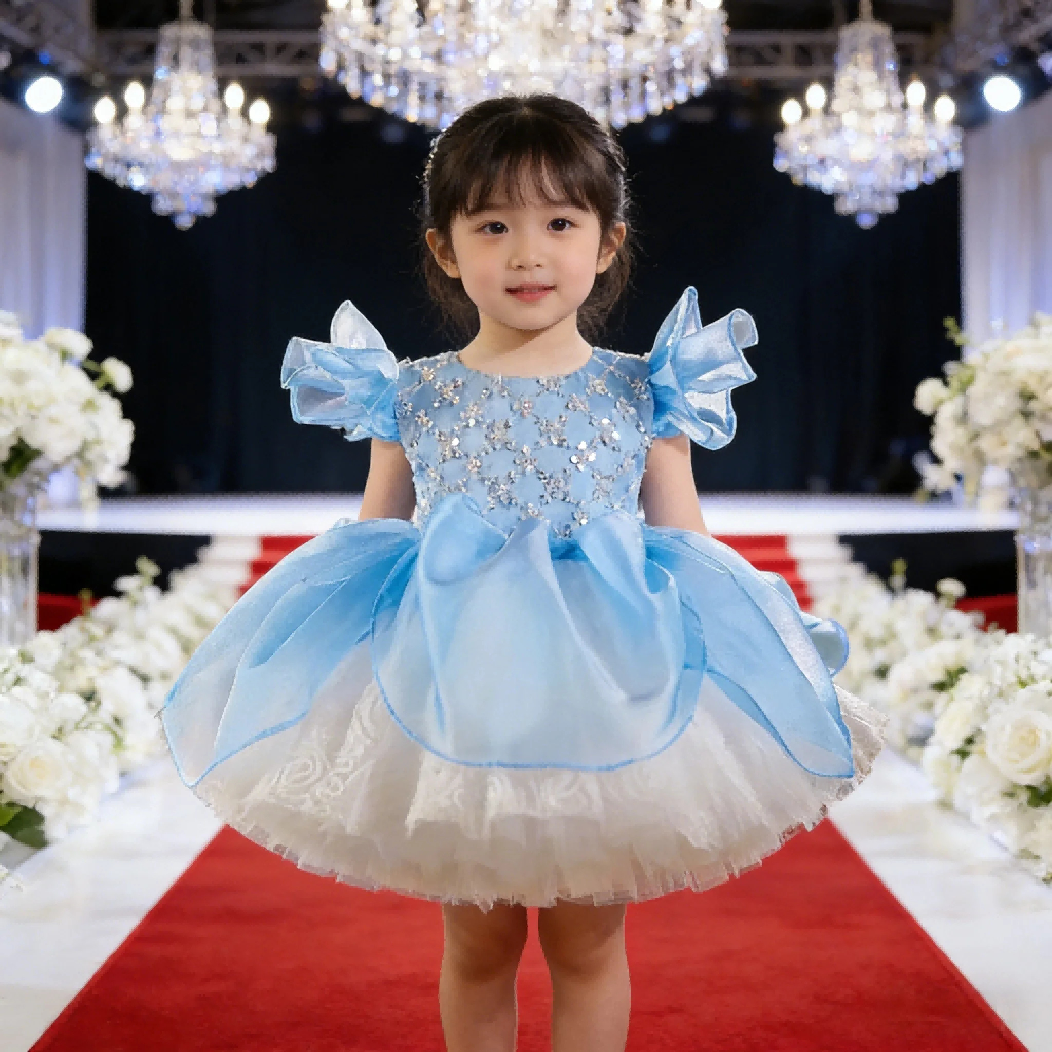 Children Dresses Party Blue Sweet Girls Tulle Princess Dress Kids Flower Girl Wedding Gownbirthday Formal Evening Vestido