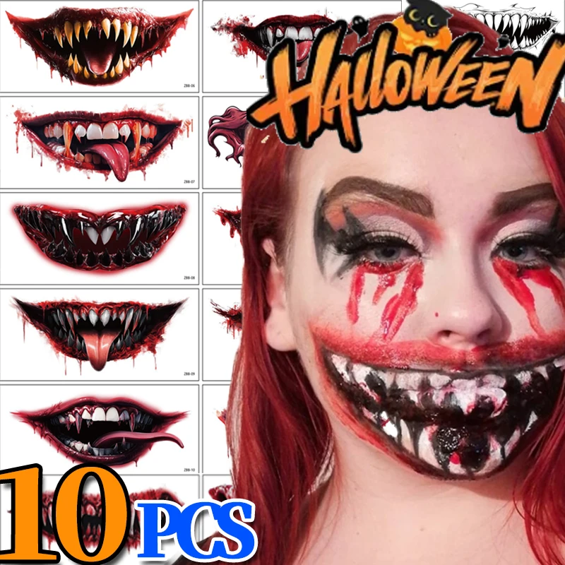 

Татуировки с большим ртом, наклейки для Хэллоуина, маскарада, ужасов, водонепроницаемые временные татуировки для мужчин и женщин, фестиваль, татуировка для лица, макияж