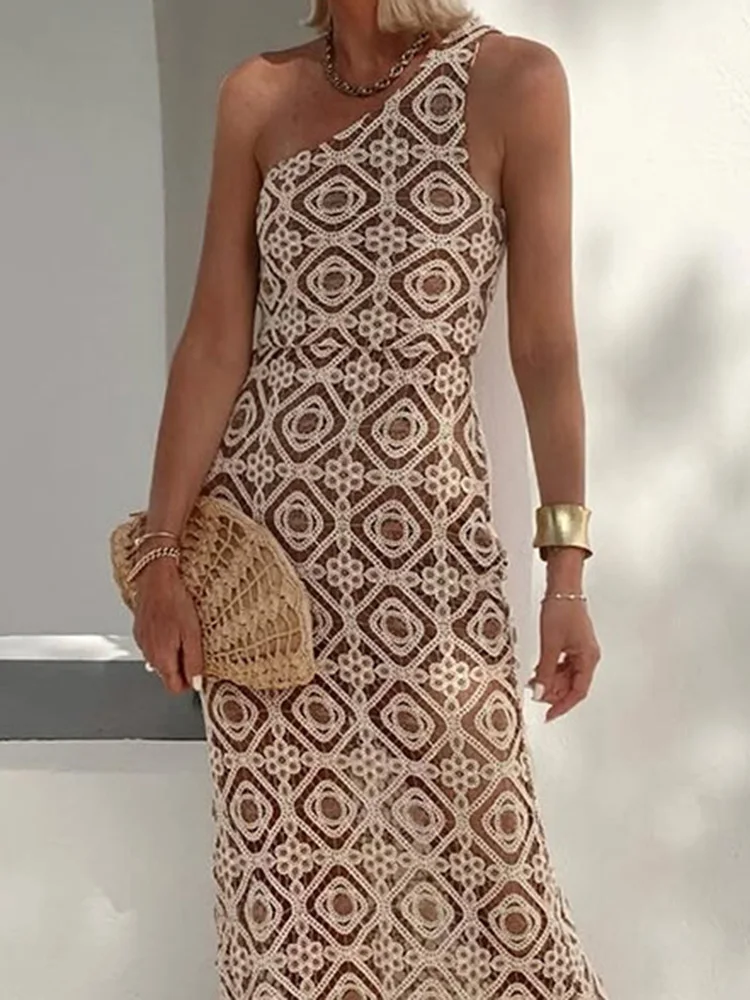 Abito lungo da donna alla moda senza schienale Abito lungo sexy con scollo a barchetta in pizzo scollato Abito aderente estivo senza maniche trasparente Abito da sera sottile