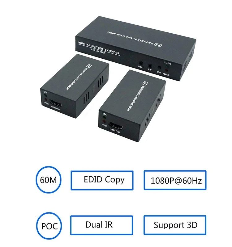 HDMI Splitter 1X2 1x4 1x7 HDMI Extender 60m 1 To 2  Over Cat5e Cat6 with 1 Hdmi Input 2 RJ45 Output Full HD1080P/4K