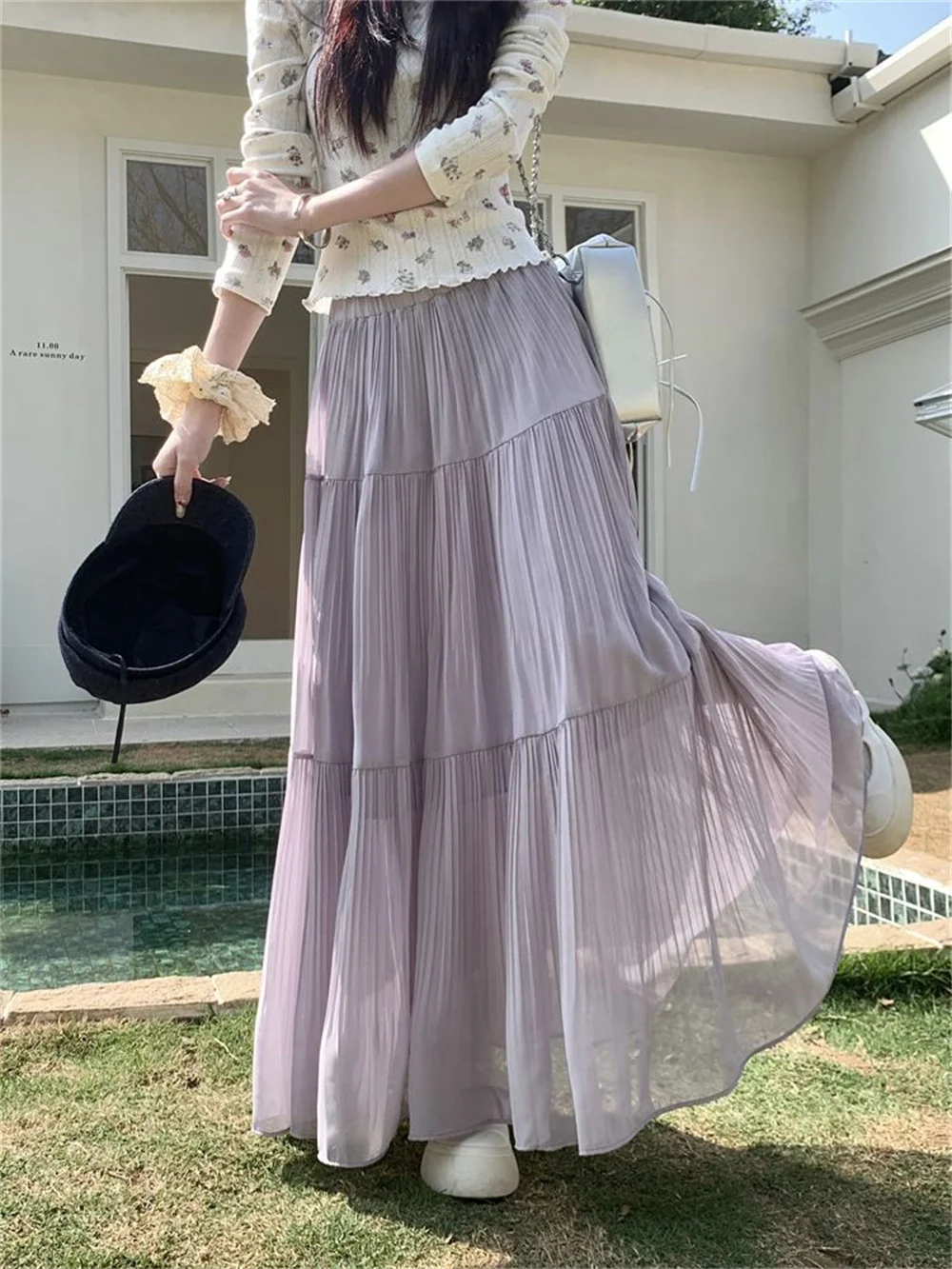 

Шифоновая элегантная длинная юбка, повседневная, весенне-летняя, новая плиссированная юбка А-силуэта, с высокой талией, из тонкой ткани, для женщин и девушек