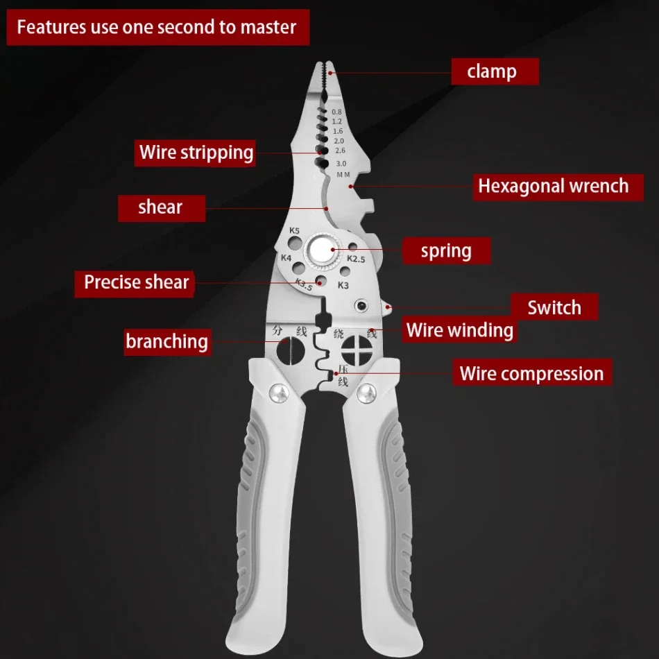 Pintudy-Alicates pelacables 21 en 1, mango antideslizante doblado, herramientas manuales para electricista, multiherramienta, herramienta peladora automática ajustable