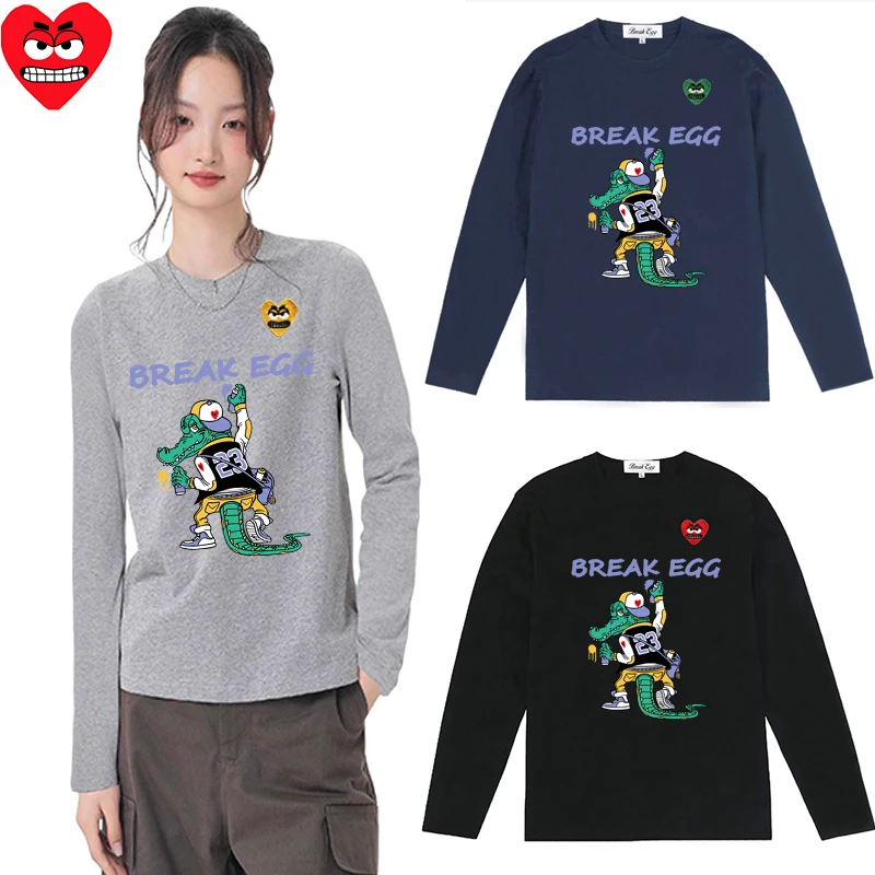 Break Egg Women's Long Sleeve T-shirt Cotton Cartoon Cute Tooth Embroidery Crocodile Print O-Neck Straight Tube Women T-shirt