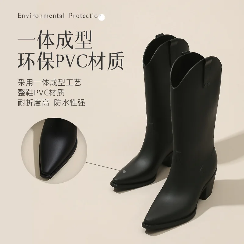 Long Rain Boots Women\'s Fashion High Heel Gunboots H  Black Knight Bot   Soft Rubber Waterproof Rubber Shoes