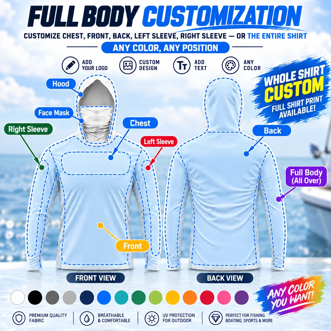 Custom Fishing Shirt Personalized Logo Long Sleeve UPF50+ Sun Protection Quick Dry Breathable Fishing Jersey