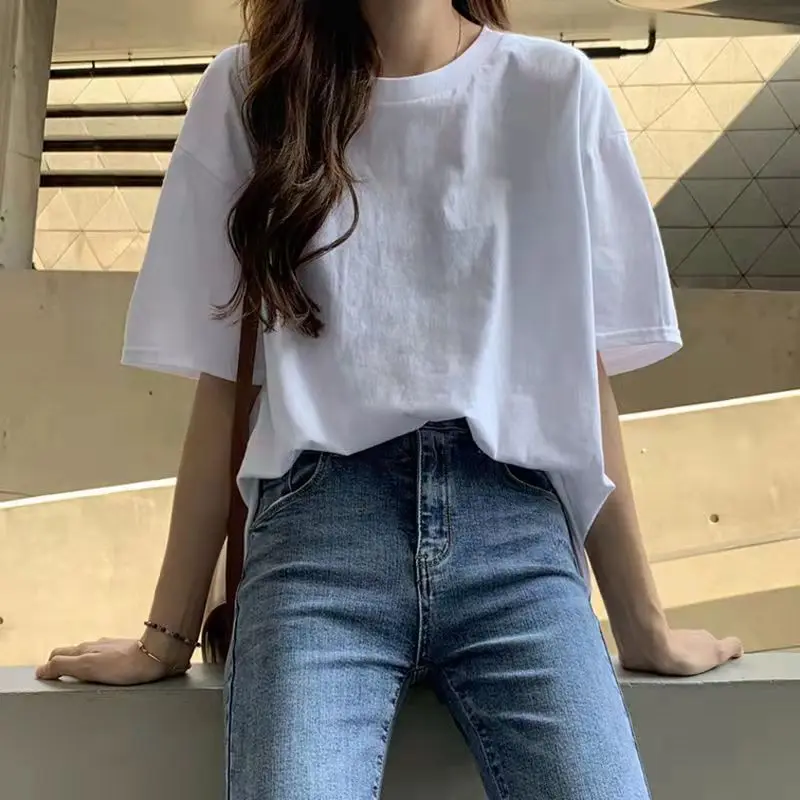 Pure Cotton White T-shirt for Women Loose Short Sleeved Base Shirt College Style Top Summer Wear in 2024 New