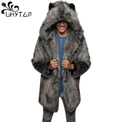 Men's Faux Fur Coat Long Sleeve Hooded Thick Warm Jackets Male Plush Fluffy Cardigan Casual Parka Snow Wear Winter Fur Coat 512