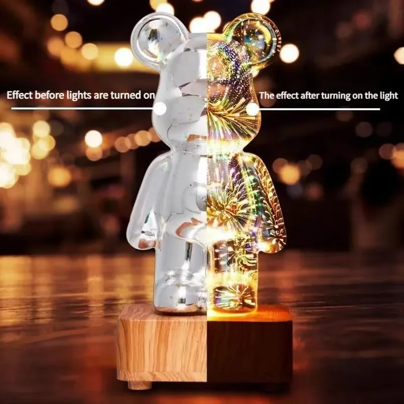 3D Fireworks LED Night Light Bear Ambient Light 8 Color Changing Modes Desk Lamp with USB Bear Decor Room