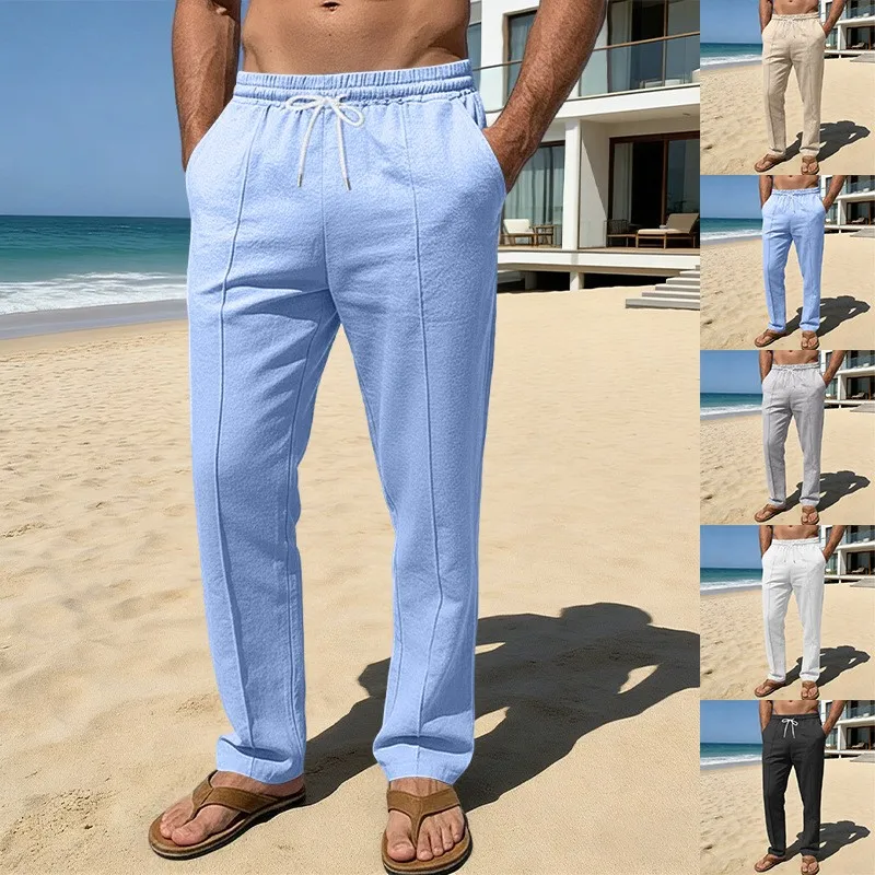 

Light Blue Straight Leg Pants Mid High Waist Trousers Drawstring Waist Casual Pants Loose Fit Linen Pants Charcoal Gray Beige