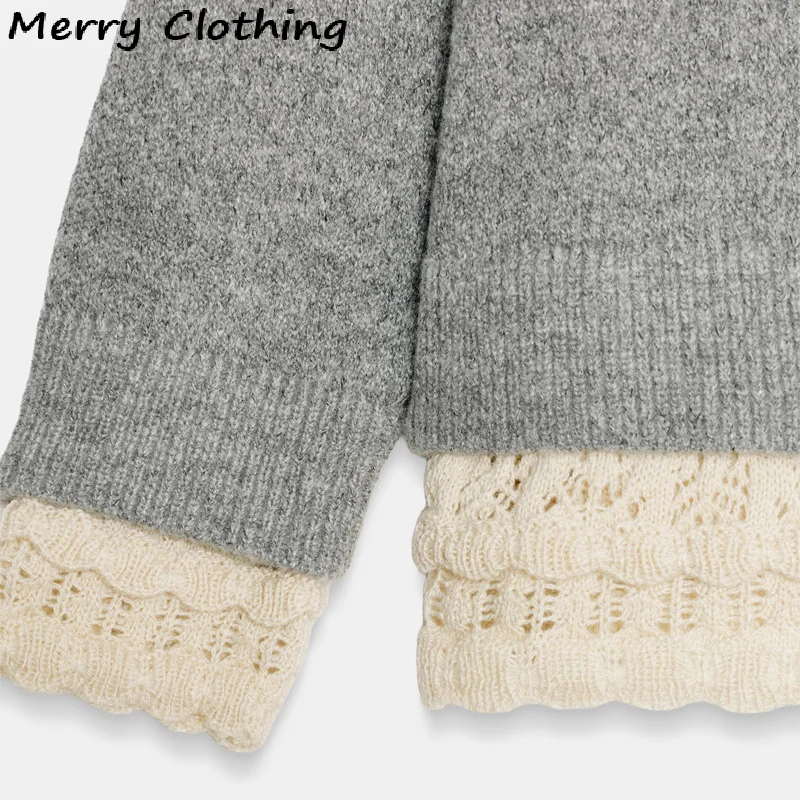 Grundlegender Rundhalspullover für Damen, Patchwork-Spitzensaum, lange Ärmel, Strickpullover, lässig, vielseitig, Tops, 2025, neue Damenpullover