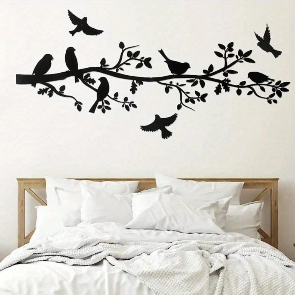 5-Piece Set of Exquisite Branch & Bird Metal Wall Sculptures: No-Assembly Black Branch Metal Wall Hangings