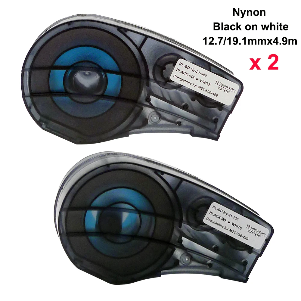 2Pcs Nynon Label Tape M21-500-499 M21-750-499 Cartridge Label Black on White Cloth Use Cable&Wire Marking for Brady BMP21 Plus