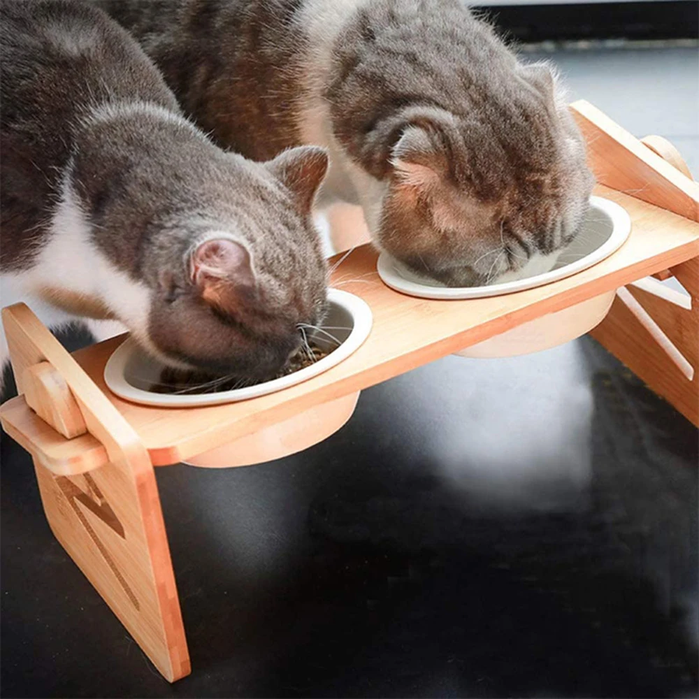 2PCS  Bamboo And Wood Adjustable Cat And Dog Feeding Rack Cat Bowl Feeder Pet Bowl Stainless Steel Meal Rack