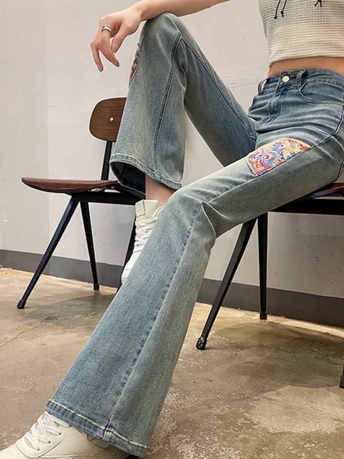 

High Waist Slim Fit Micro Flared Jeans Women's Embroidered Chinese Sle Summer Trendy Cotton Polyester Blend Denim