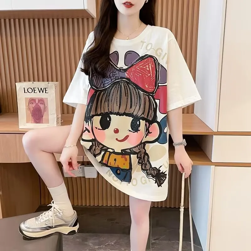 

Новые летние свободные футболки средней длины из чистого хлопка с короткими рукавами, женские корейские версии, большие футболки с принтом для девочек