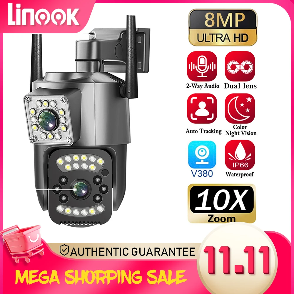 Linook V380 8MP 4K, PTZ 10X Zoom dual lens wireless CCTV camera, IP security camera WIFI, CCTV outdoor waterproof WIFI