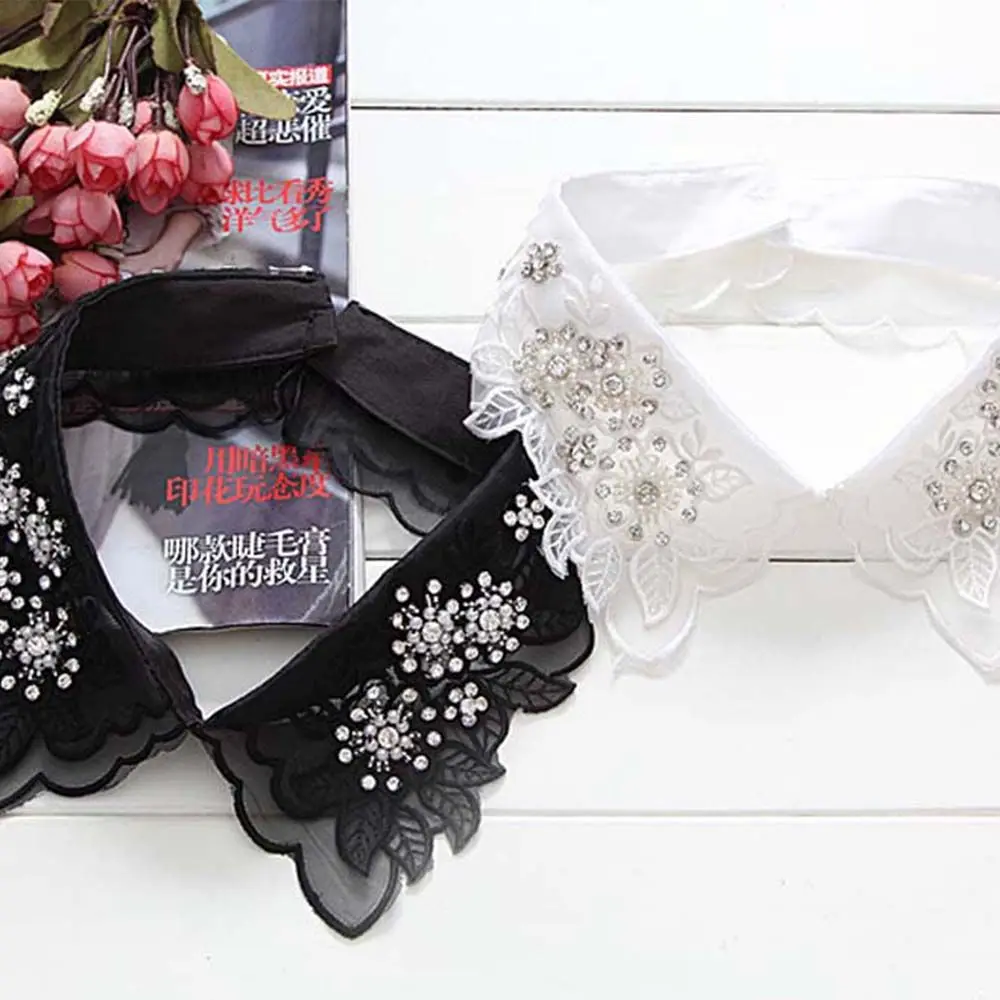 Women Black/white Rhinestone Leaves Pearl Flower Fake Neckline Fake Collar Shirts Collars Lace